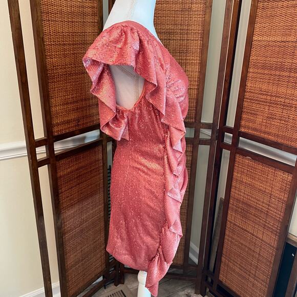 NWT Revolve C/Meo Collective Pink Sequin One-Shoulder Sheath Dress Ruffled Sz L - Picture 7 of 12